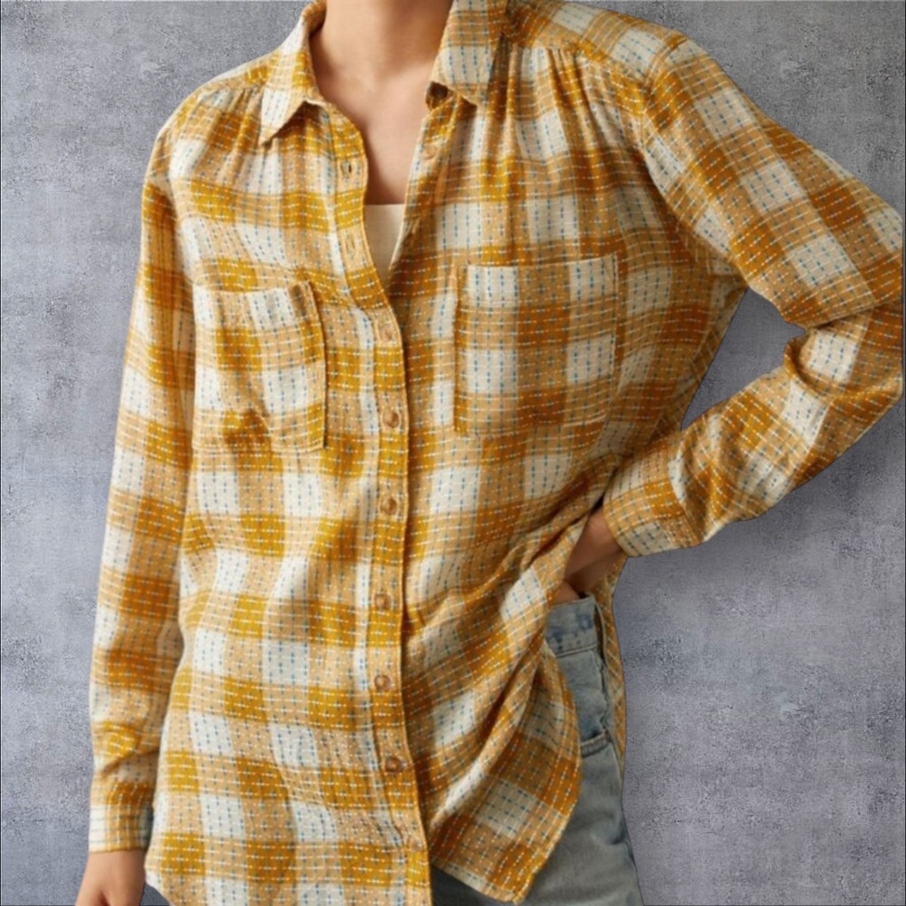 ANTHROPOLOGIE PILCRO Yellow Motif Plaid Button Up Shirt Sz S Wool Blend Western
